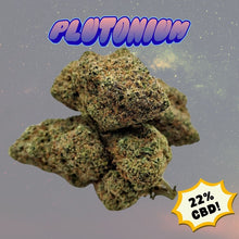 Load image into Gallery viewer, Space image with Plutonium CBD Flower from the Hydro Series showing frosted premium indoor CBD buds