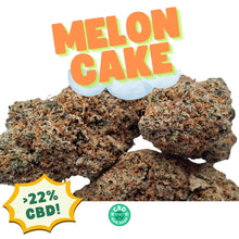 Load image into Gallery viewer, CBD Flower labeled &#39;Melon Cake&#39; with a CBD label on a white background. 