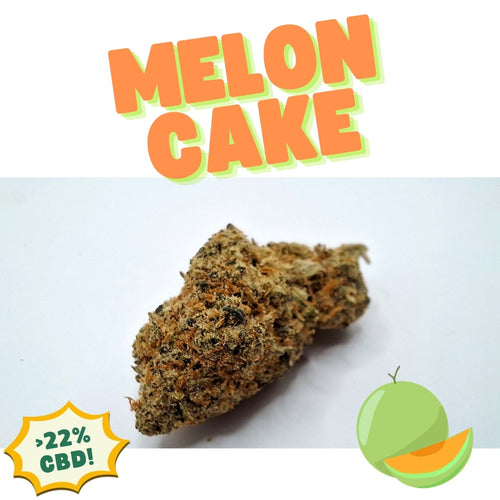 CBD Flower labeled 'Melon Cake' with a green melon graphic and CBD information on a white background.