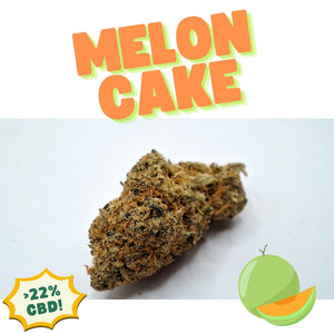 CBD Flower labeled 'Melon Cake' with a green melon graphic and CBD information on a white background.