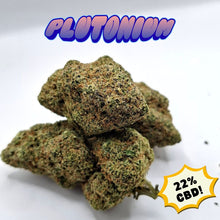 Load image into Gallery viewer, Plutonium Hydro CBD Flower displaying dense frosty buds with heavy trichome coverage and premium indoor structure