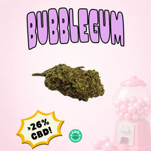 Load image into Gallery viewer, Premium Bubblegum CBD flower displaying compact nug structure, vibrant orange pistils and crystal-coated finish.