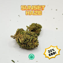 Load image into Gallery viewer, Sunset Haze CBD Flower 22% cured CBD hemp flower with sticky trichome-rich haze-style buds