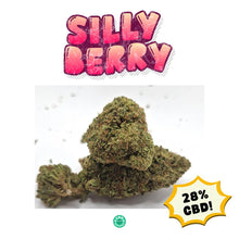 Load image into Gallery viewer, Silly Berry CBD Flower 28 percent indoor large dense resinous buds dark berry terp profile UK