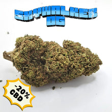 Load image into Gallery viewer, Close-up of Skywalker OG CBD flower showing frosty resin-coated buds with 20% CBD average and classic earthy OG terpene profile