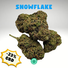 Load image into Gallery viewer, Snowflake CBD Flower 23% indoor hydroponic premium CBD bud frosty purple trichomes UK legal
