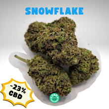 Load image into Gallery viewer, Snowflake CBD Flower close up with frosty purple buds high terpene indoor CBD flower
