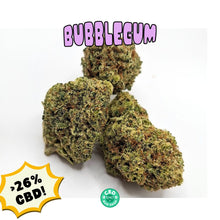 Load image into Gallery viewer, Bubblegum 28% CBD buds with compact structure and visible trichomes