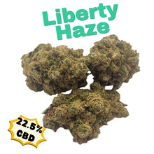 Load image into Gallery viewer, Close-up of Liberty Haze CBD flower showing dense resin-rich buds, orange pistils and sparkling trichomes.