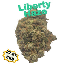 Load image into Gallery viewer, Liberty Haze CBD flower with large hydroponic buds, bright green colour, frosted trichomes and citrus haze aroma.